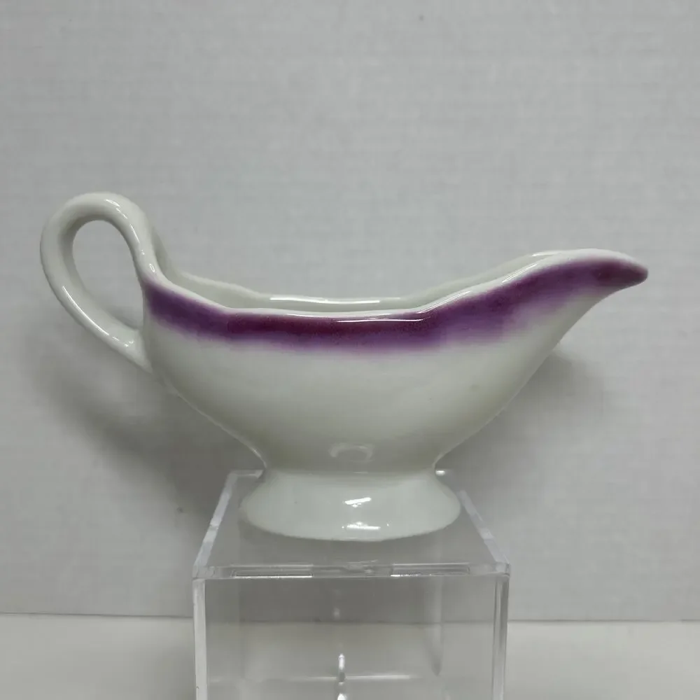 Vtg Restaurant China Small Gravy Boat Wellsville Ohio Magenta Purple Stripe
